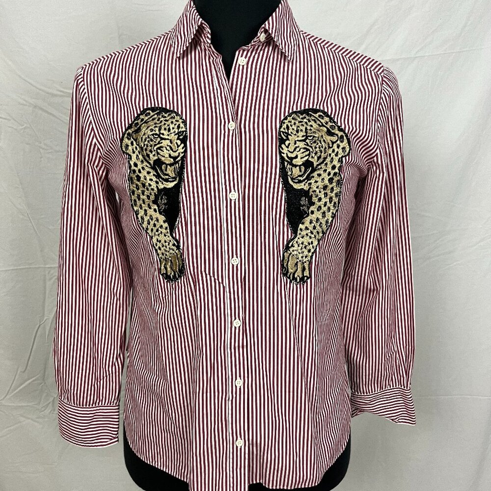 Zoe Karssen Leopards Sewn on Red White Pinstripe Long Sleeve Button Up Size S
